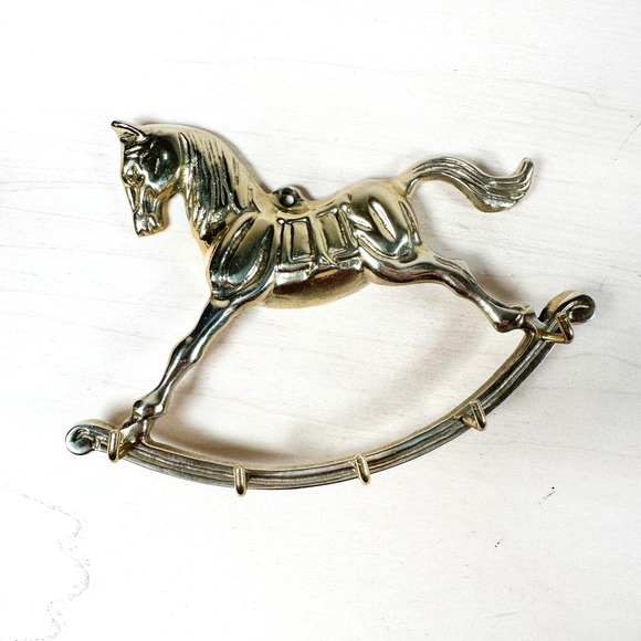 Vintage Solid Brass Rocking Horse Jewelry or‎ Key Holder with 5 Hooks Necklaces - Picture 1 of 8
